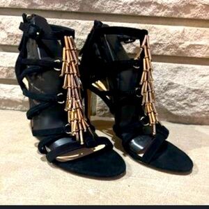 Brian Atwood suede black gold embellished heel evening open toe formal fall $700